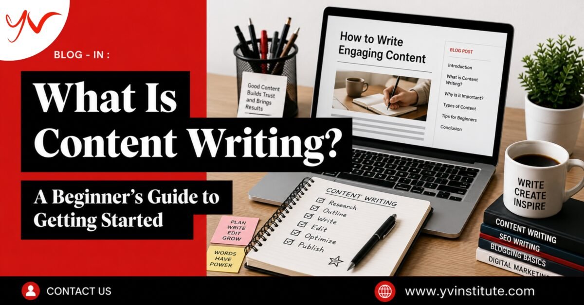 A person doing content writing on a laptop at a desk Caption: Content writing is about creating clear, helpful material for online readers.