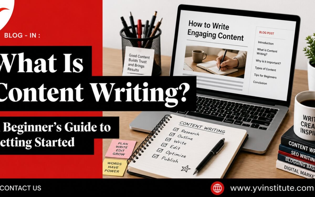 A person doing content writing on a laptop at a desk Caption: Content writing is about creating clear, helpful material for online readers.